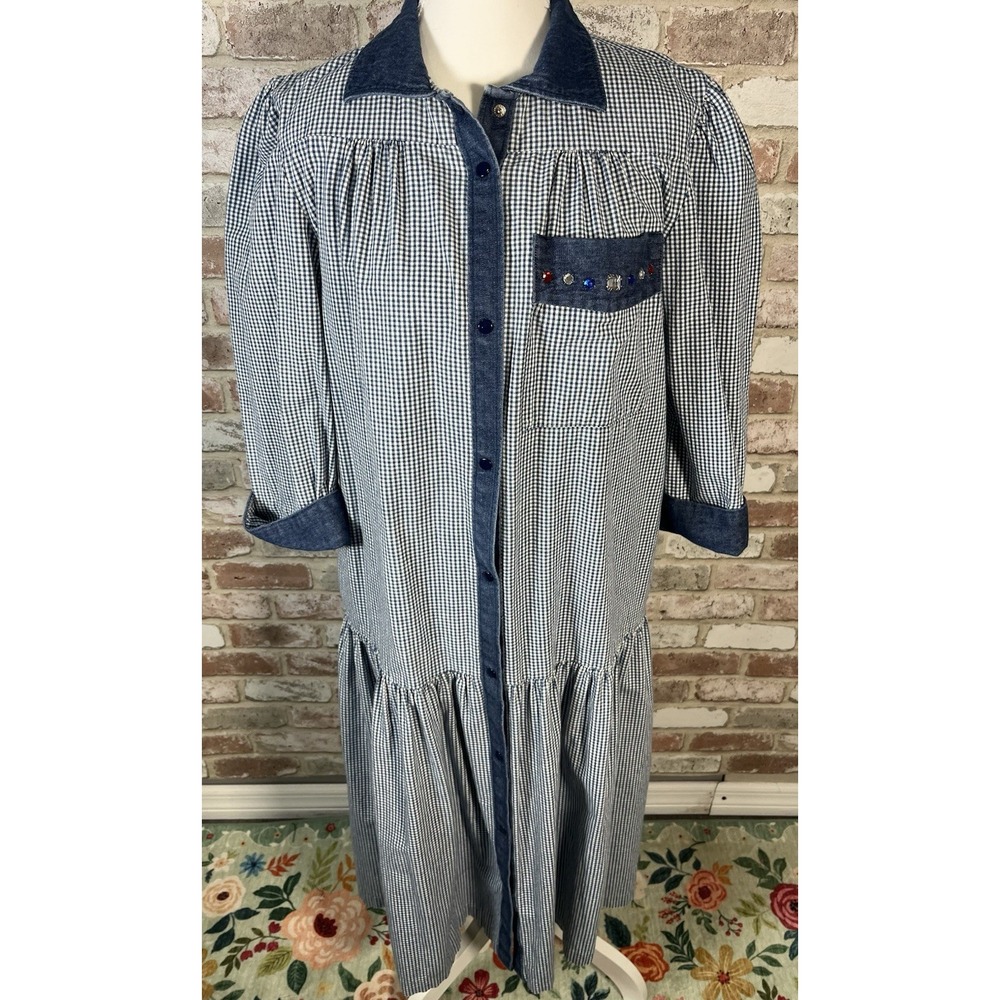 Vintage 1980s SWRL Directions Cotton Denim Gingham Empire‎ Waist Midi Dress Sz L